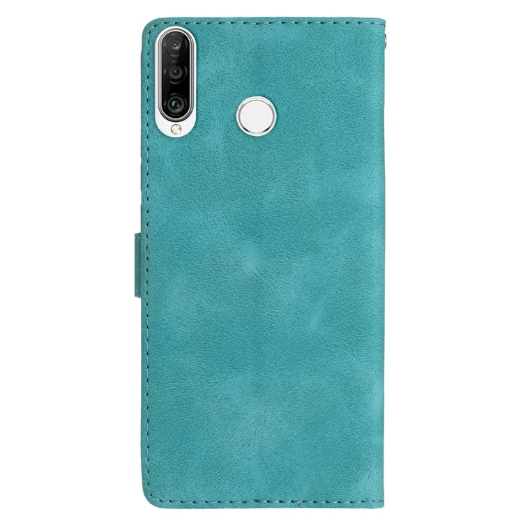 For Huawei P30 Lite / P30 Lite New Edition / nova 4e Phone Cover Imprinted Flower Wallet Stand Shockproof Leather Phone Case - Sky Blue