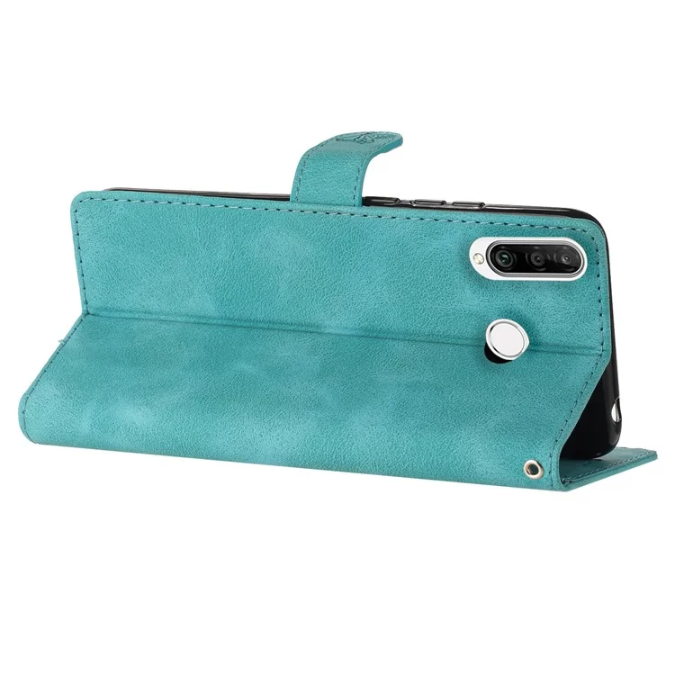 For Huawei P30 Lite / P30 Lite New Edition / nova 4e Phone Cover Imprinted Flower Wallet Stand Shockproof Leather Phone Case - Sky Blue
