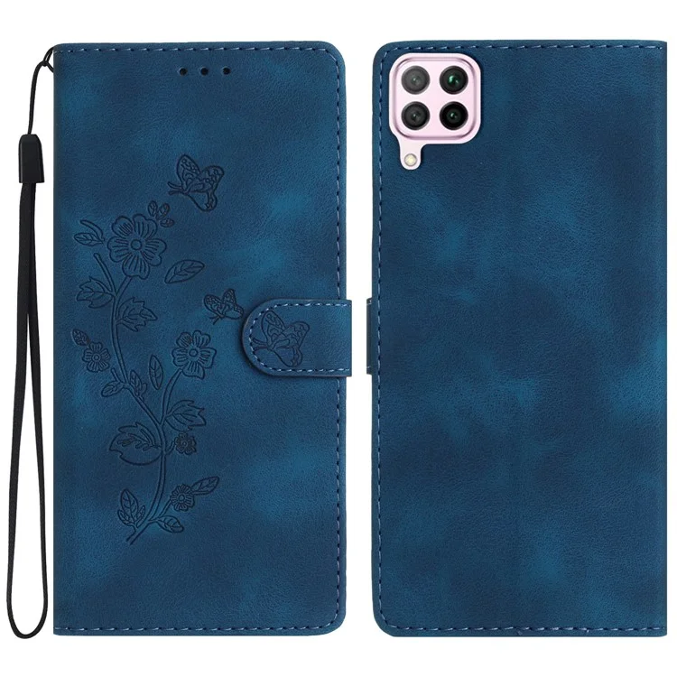 Custodia in pelle per Huawei P40 lite 4G / nova 6 SE / Nova 7i, Custodia a portafoglio con supporto, motivo a fiori impresso - Blu