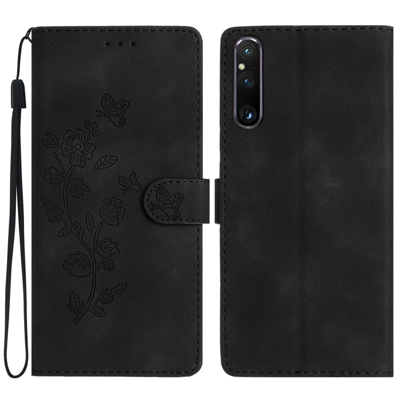 Flower Imprint Leather Case for Sony Xperia 1 V , Wallet Stand Anti-scratch Mobile Phone Cover - Black