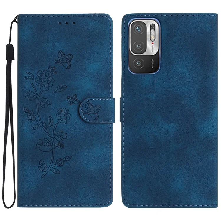 Für Xiaomi Redmi Note 10 5G / Redmi Note 10T 5G / Poco M3 Pro 5G / 4G Leder Handyhülle mit geprägter Blume und Geldbörse - Blau