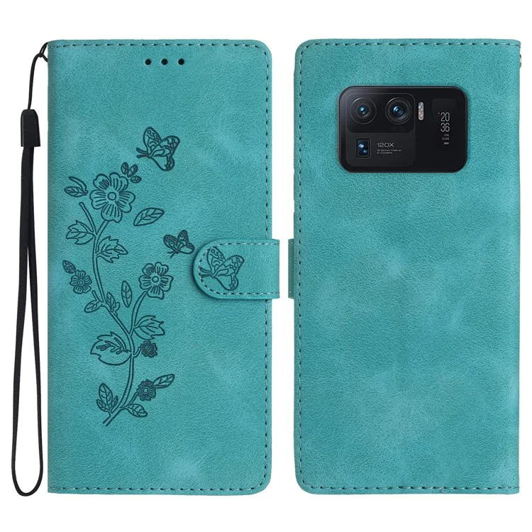 Pour Xiaomi Mi 11 Ultra Wallet Phone Shell Imprinted Flower Anti-Scratch Leather Mobile Phone Stand Case - Sky Blue