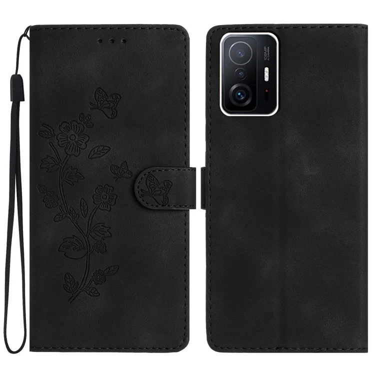 Para Xiaomi 11T Pro 5G / 11T 5G Capa de Telefone Capa de Couro PU+TPU Carteira Suporte Flor Impressa Caixa de Telefone Celular - Preto