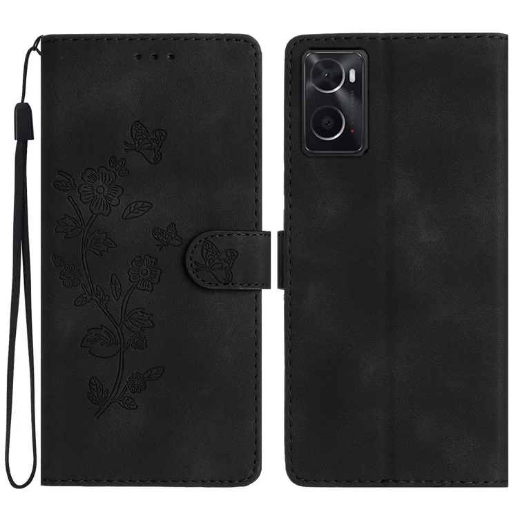 Для Oppo A36 / A76 / A96 4G PU кожаный флип-кошелек Чехол с цветочным тиснением Подставка для телефона - Черный