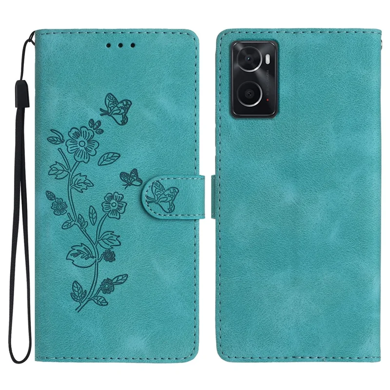 For Oppo A36 / A76 / A96 4G PU Leather Flip Wallet Case Flower Imprinted Stand Phone Cover - Sky Blue