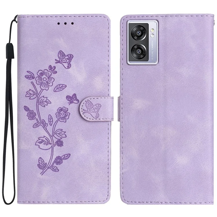 Für Oppo A57 4G / A57 (2022) 5G / A77 5G Imprint Flower Cover Leather Wallet Stand Shockproof Cell Phone Case - Lila