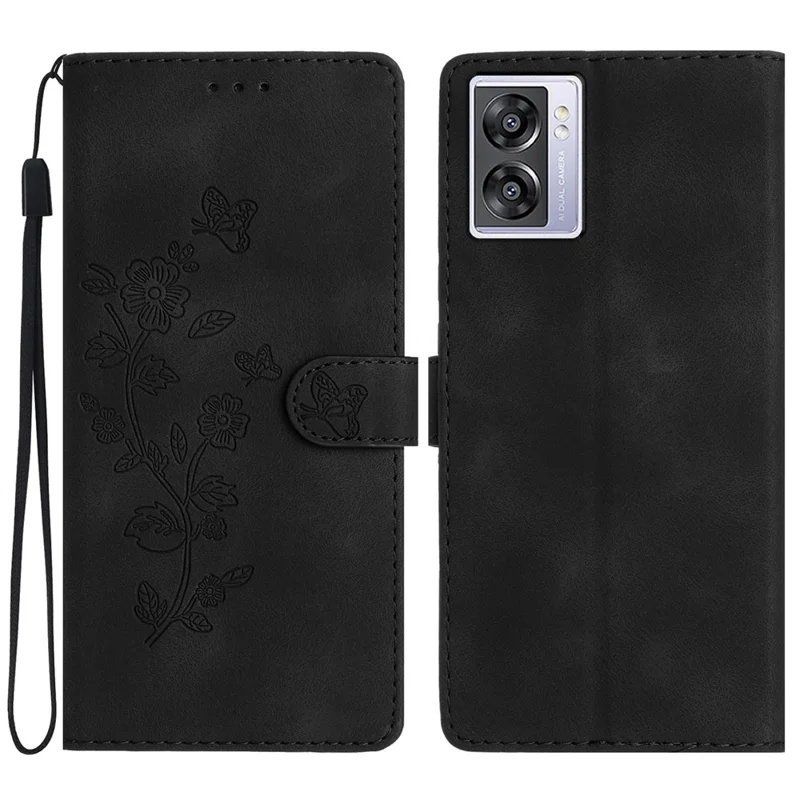Per Oppo A57 4G / A57 (2022) 5G / A77 5G Imprinted Flower Cover Leather Wallet Stand Shockproof Cell Phone Case - Nero