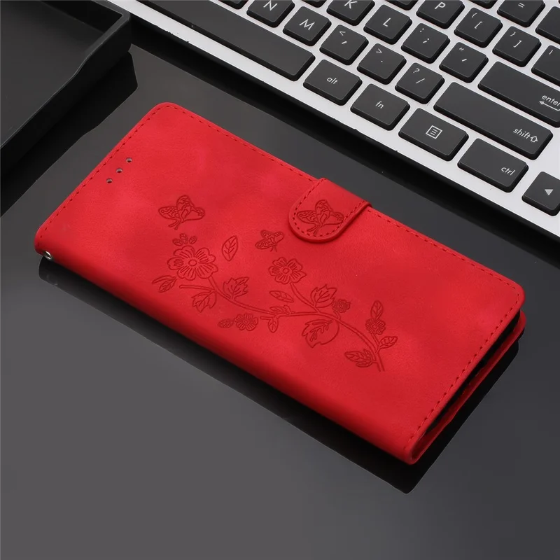 Pour Oppo A57 4G / A57 (2022) 5G / A77 5G Imprint Flower Cover Leather Wallet Stand Shockproof Cell Phone Case - Rouge
