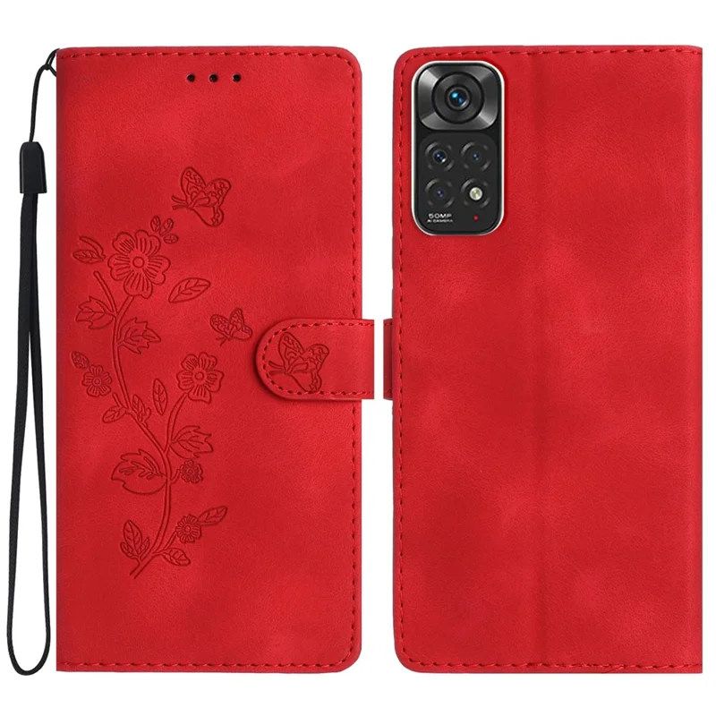 Funda de Teléfono con Cartera para Xiaomi Redmi Note 11S 4G / Note 11 4G (Qualcomm), Cubierta con Soporte de Piel de Imitación y Estampado de Flores - Rojo