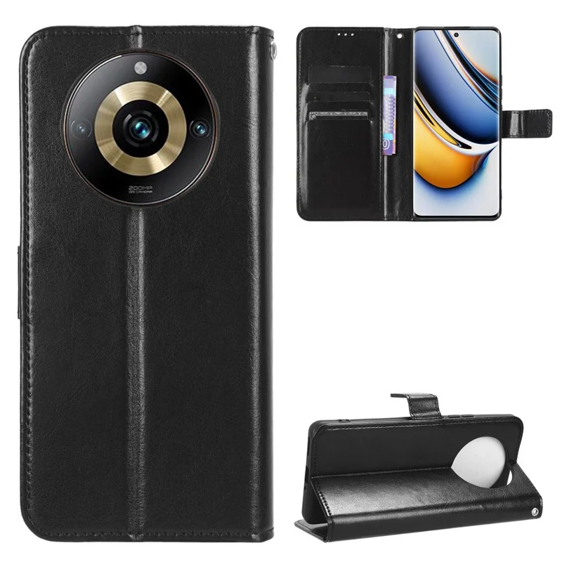 Phone Leather Case for Realme 11 Pro+ 5G / 11 Pro 5G , Crazy Horse Texture Stand Wallet Phone Cover - Black