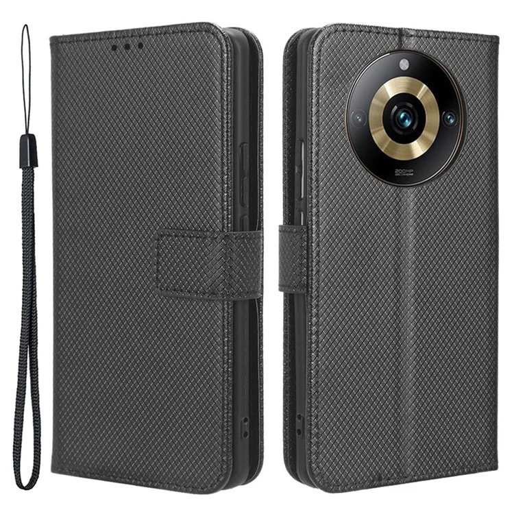 Per Realme 11 Pro+ 5G / 11 Pro 5G Custodia in pelle PU Texture a diamante Stand Wallet Custodia protettiva - Nero