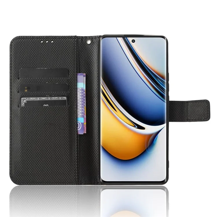 Per Realme 11 Pro+ 5G / 11 Pro 5G Custodia in pelle PU Texture a diamante Stand Wallet Custodia protettiva - Nero