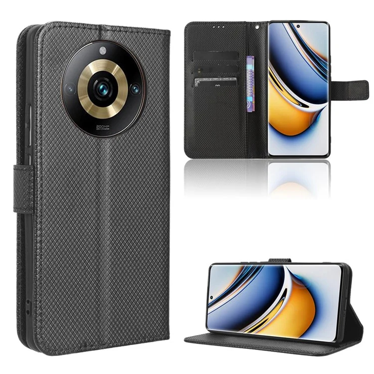 Per Realme 11 Pro+ 5G / 11 Pro 5G Custodia in pelle PU Texture a diamante Stand Wallet Custodia protettiva - Nero