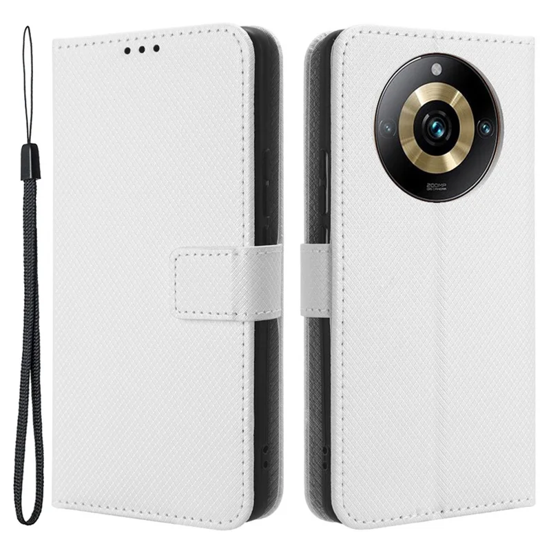 For Realme 11 Pro+ 5G / 11 Pro 5G PU Leather Phone Case Diamond Texture Stand Wallet Shockproof Cover - White