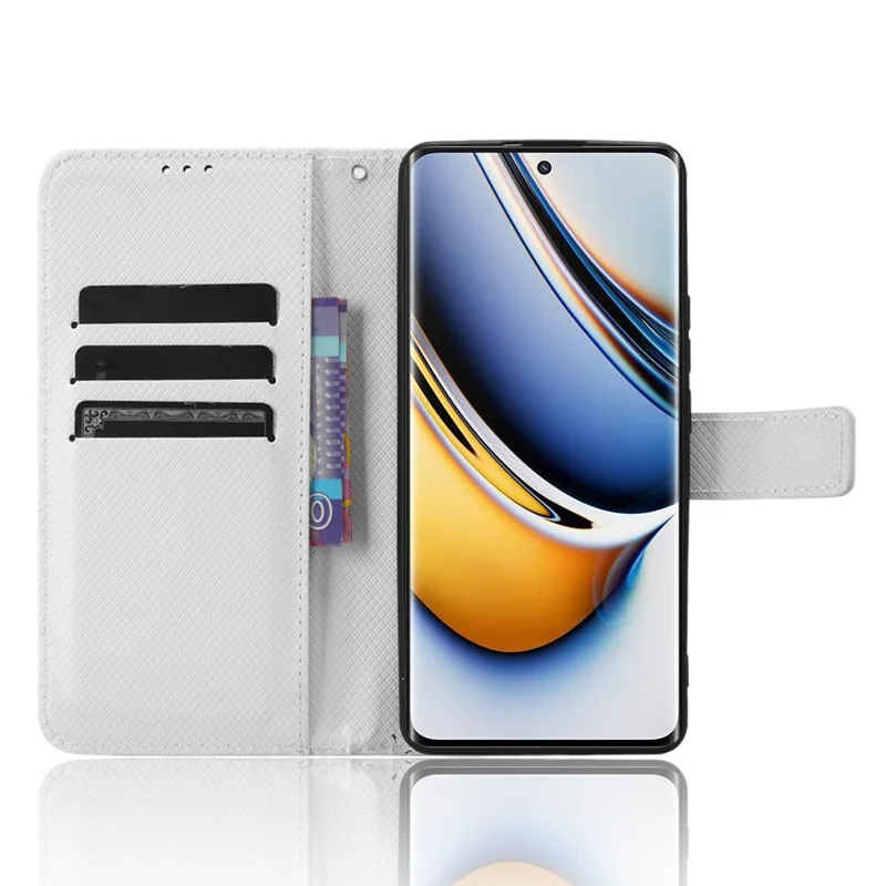 For Realme 11 Pro+ 5G / 11 Pro 5G PU Leather Phone Case Diamond Texture Stand Wallet Shockproof Cover - White