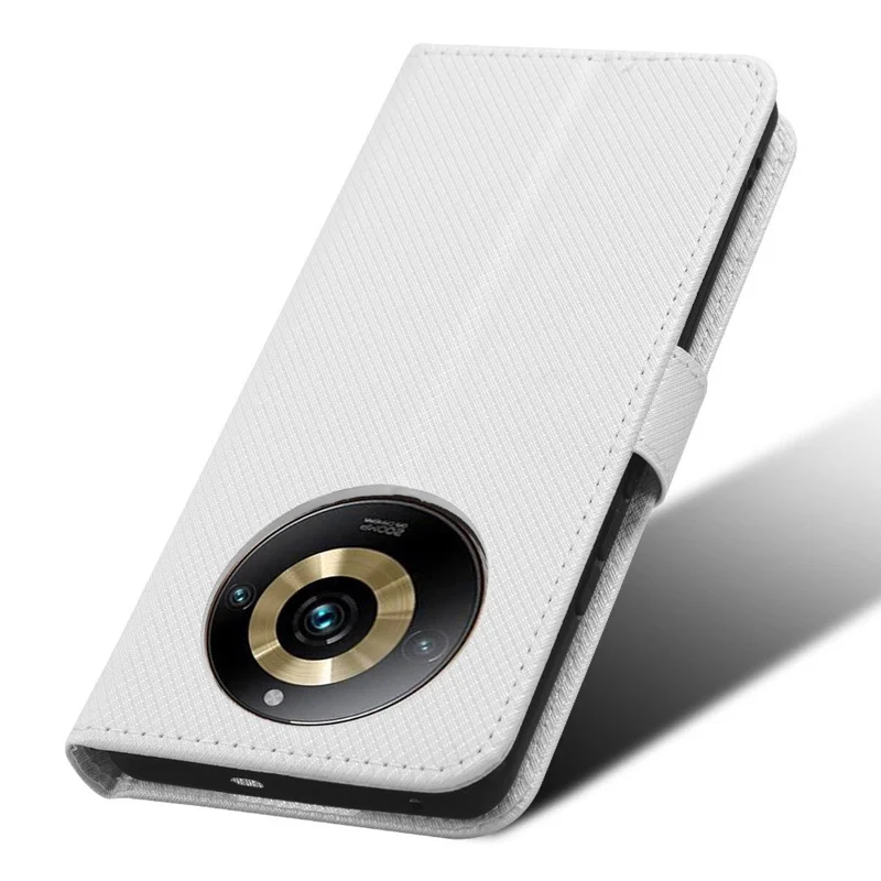 For Realme 11 Pro+ 5G / 11 Pro 5G PU Leather Phone Case Diamond Texture Stand Wallet Shockproof Cover - White