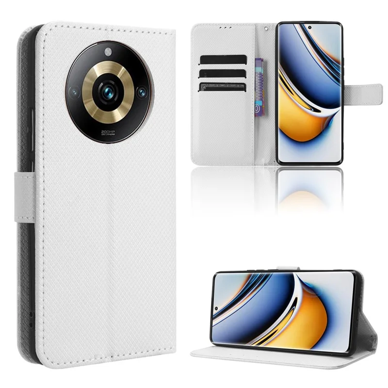 For Realme 11 Pro+ 5G / 11 Pro 5G PU Leather Phone Case Diamond Texture Stand Wallet Shockproof Cover - White