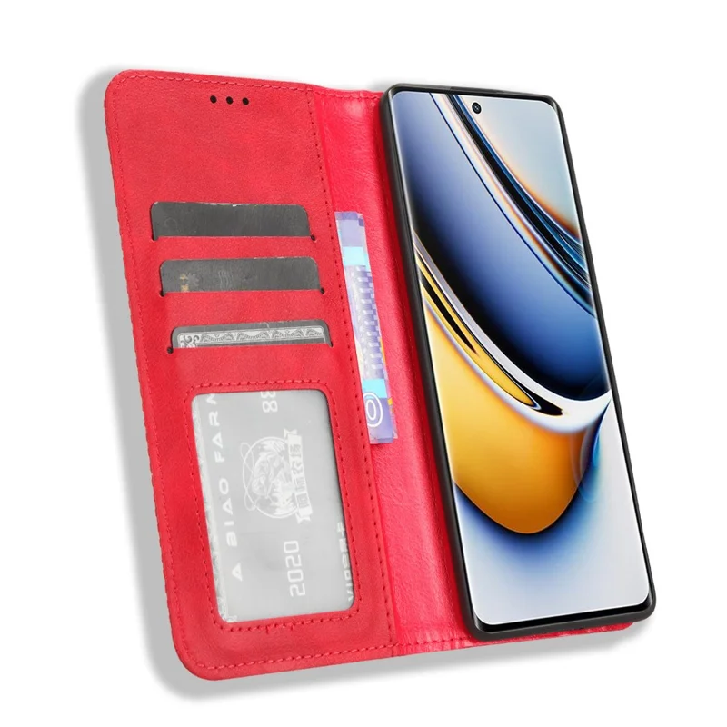 Leather Case for Realme 11 Pro+ 5G / 11 Pro 5G , Stand Wallet Retro Phone Cover - Red