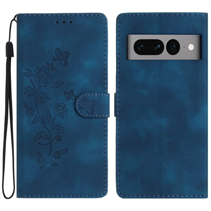 For Google Pixel 7 Pro 5G Wallet Phone Case Flower Imprint PU Leather Stand Smartphone Cover - Blue