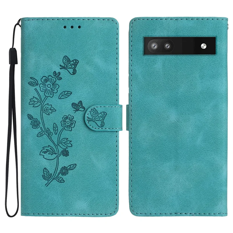 PU Leather Phone Case for Google Pixel 7a ,  Flower Imprint Anti-drop Stand Wallet Phone Cover - Sky Blue