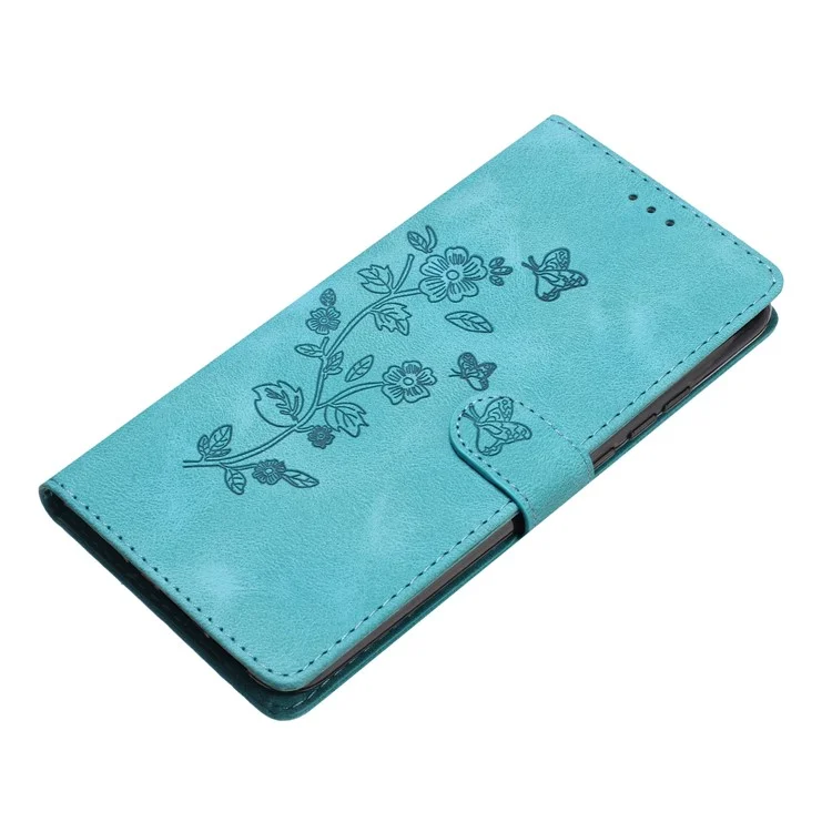 For Motorola Moto G52 4G / G82 5G PU Leather Flower Imprint Phone Case Cell Phone Wallet Stand Cover - Sky Blue