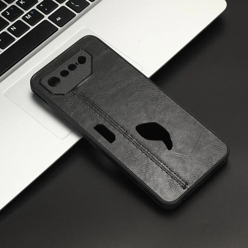 For Asus ROG Phone 7 5G Leather Coated TPU+PC Phone Case Cowhide Texture Anti-Scratch Cover - Black