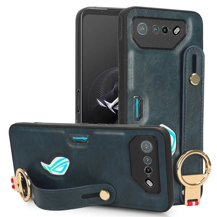 Para Asus ROG Phone 7 5G Muñequera Soporte de Teléfono Funda de Cuero PU Recubierta de PC+TPU con Abrebotellas - Azul