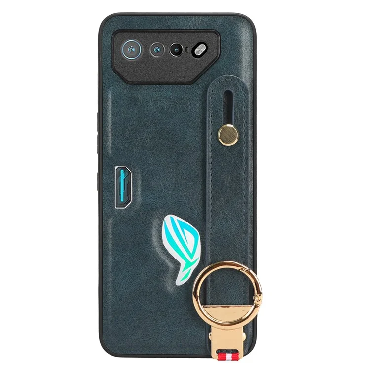 Para Asus ROG Phone 7 5G Muñequera Soporte de Teléfono Funda de Cuero PU Recubierta de PC+TPU con Abrebotellas - Azul