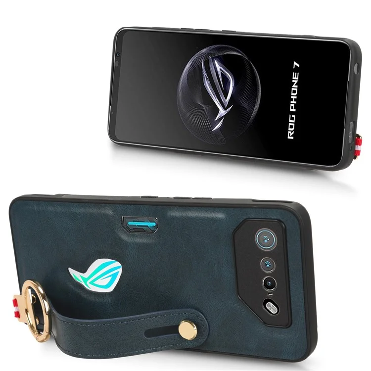 Para Asus ROG Phone 7 5G Muñequera Soporte de Teléfono Funda de Cuero PU Recubierta de PC+TPU con Abrebotellas - Azul