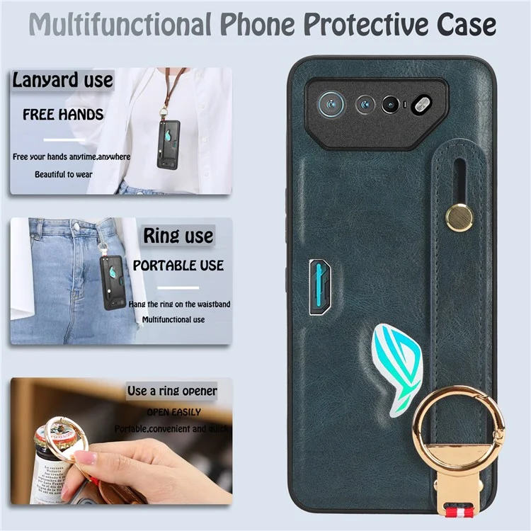 Para Asus ROG Phone 7 5G Muñequera Soporte de Teléfono Funda de Cuero PU Recubierta de PC+TPU con Abrebotellas - Azul