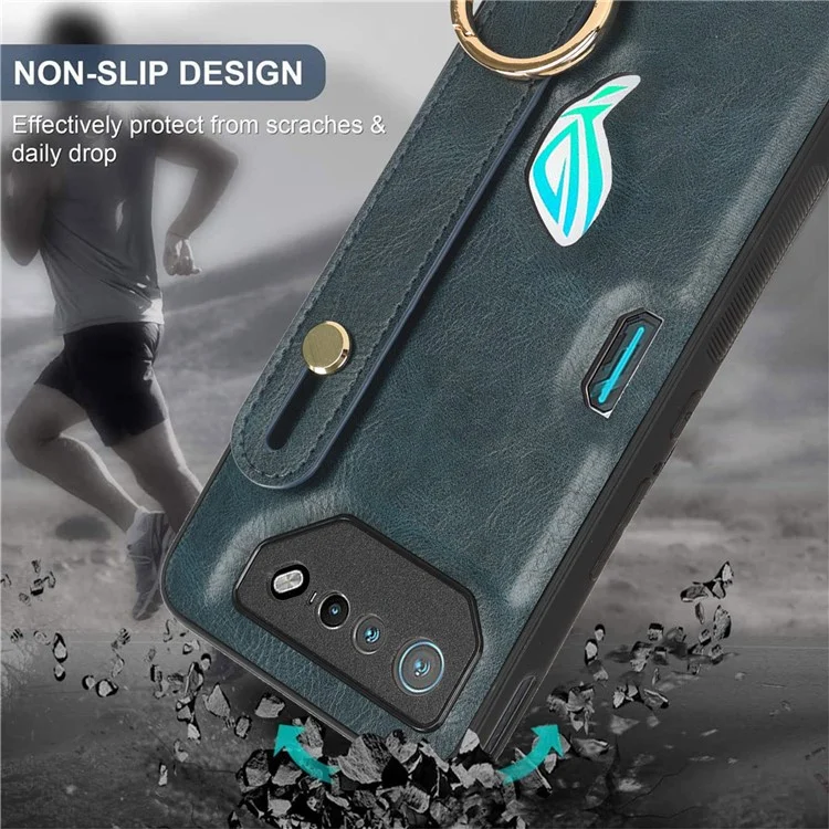 Para Asus ROG Phone 7 5G Muñequera Soporte de Teléfono Funda de Cuero PU Recubierta de PC+TPU con Abrebotellas - Azul