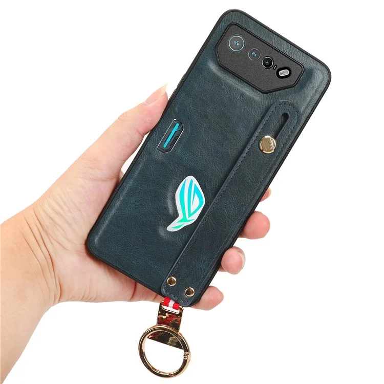 Para Asus ROG Phone 7 5G Muñequera Soporte de Teléfono Funda de Cuero PU Recubierta de PC+TPU con Abrebotellas - Azul