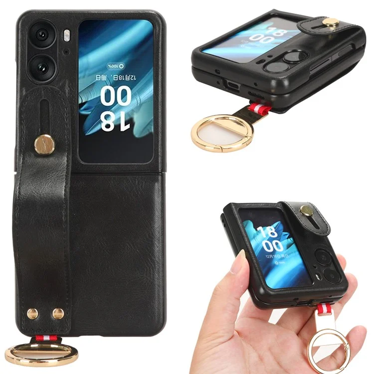 Für Oppo Find N2 Flip 5G PU Leder+PC Handyhülle Armband Ständer Flaschenöffner Stoßfeste Hülle - Schwarz