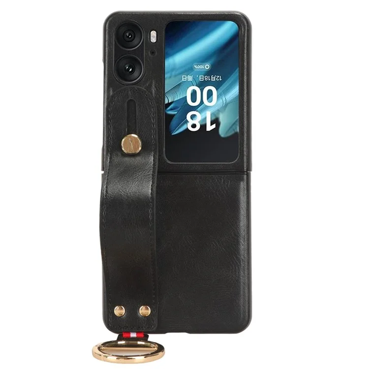 Für Oppo Find N2 Flip 5G PU Leder+PC Handyhülle Armband Ständer Flaschenöffner Stoßfeste Hülle - Schwarz