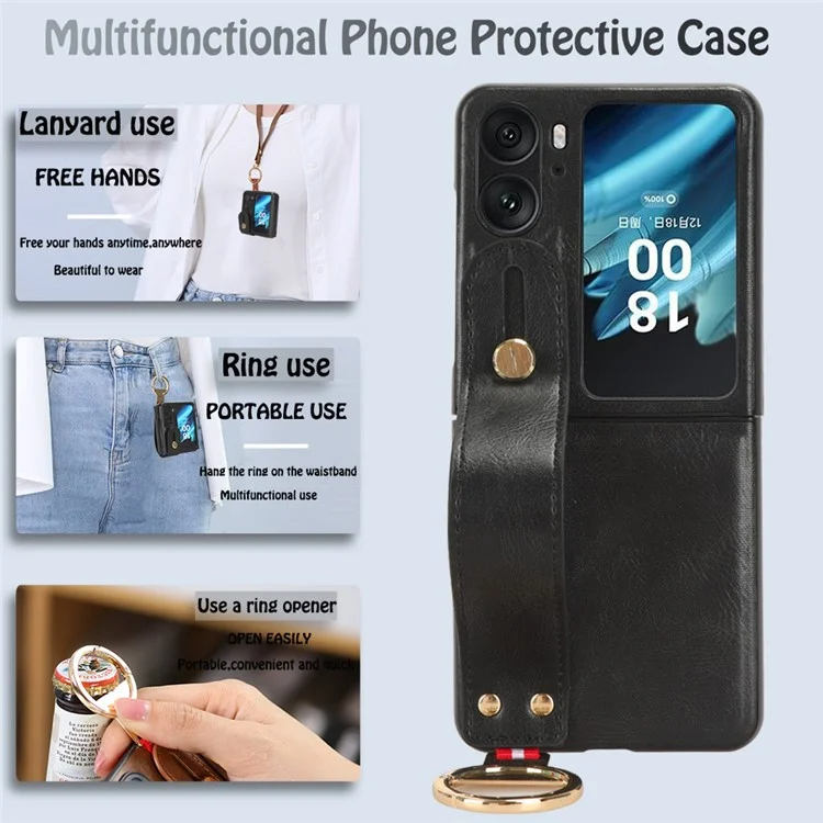 Für Oppo Find N2 Flip 5G PU Leder+PC Handyhülle Armband Ständer Flaschenöffner Stoßfeste Hülle - Schwarz