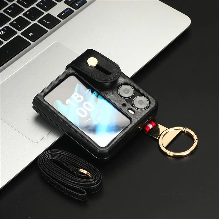 Für Oppo Find N2 Flip 5G PU Leder+PC Handyhülle Armband Ständer Flaschenöffner Stoßfeste Hülle - Schwarz