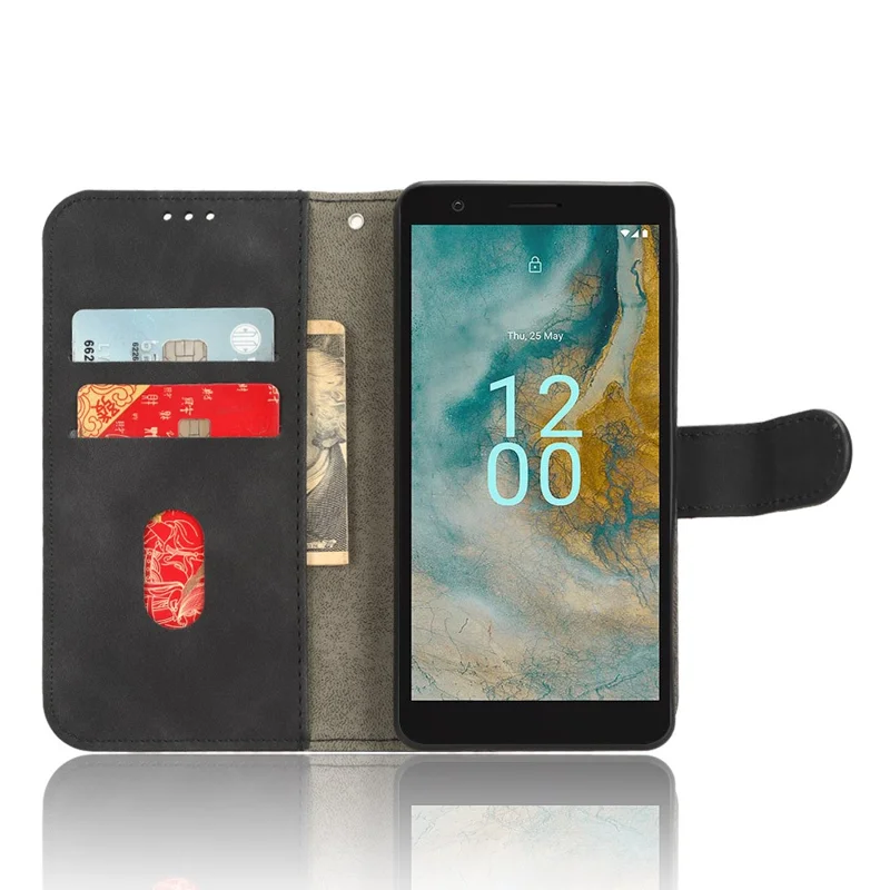 For Nokia C02 Skin-touch PU Leather Case Wallet Stand Protective Phone Cover - Black