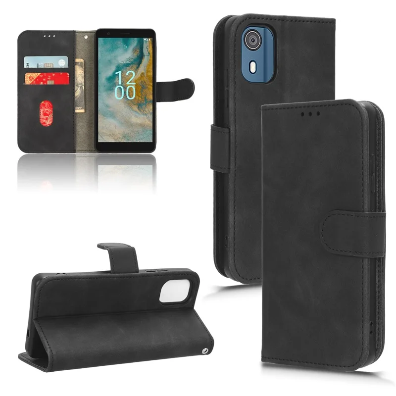 For Nokia C02 Skin-touch PU Leather Case Wallet Stand Protective Phone Cover - Black