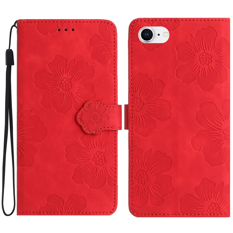For iPhone 6 / 6s / 7 / 8 / SE (2020) / SE (2022) Flower Imprinted PU Leather Phone Case Wallet Stand Anti-drop Cover - Red