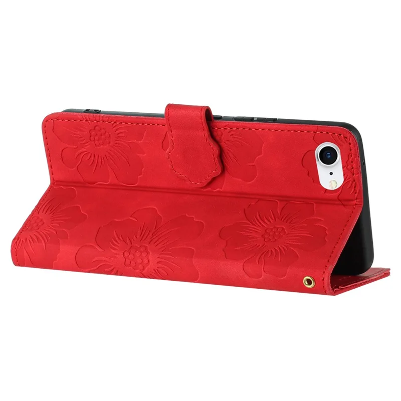 For iPhone 6 / 6s / 7 / 8 / SE (2020) / SE (2022) Flower Imprinted PU Leather Phone Case Wallet Stand Anti-drop Cover - Red