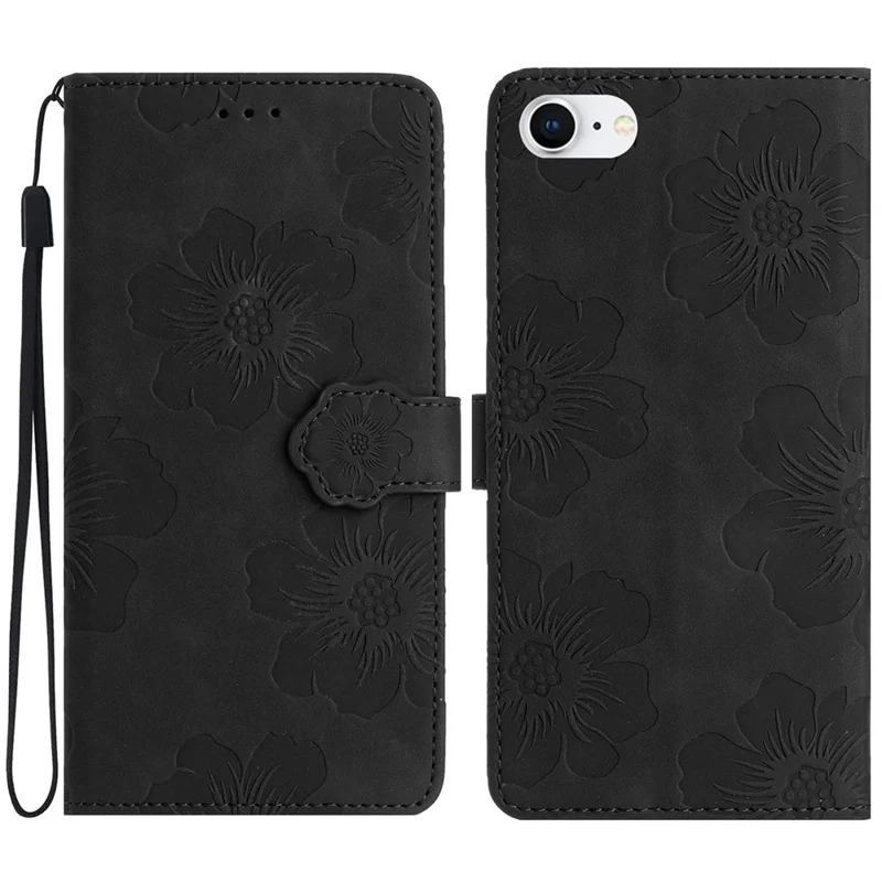 For iPhone 6 / 6s / 7 / 8 / SE (2020) / SE (2022) Flower Imprinted PU Leather Phone Case Wallet Stand Anti-drop Cover - Black