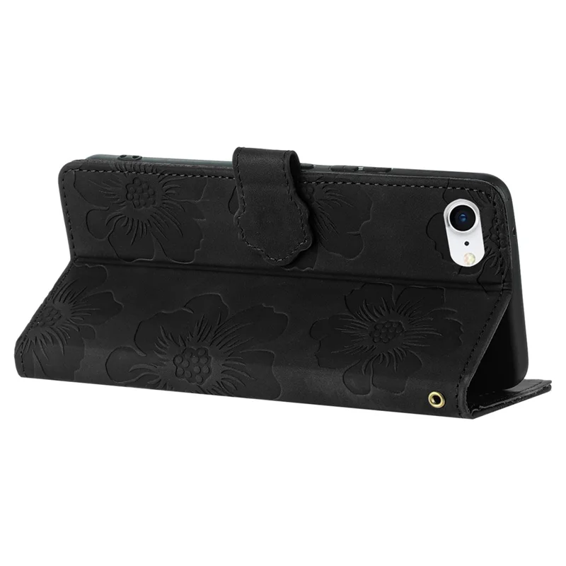 For iPhone 6 / 6s / 7 / 8 / SE (2020) / SE (2022) Flower Imprinted PU Leather Phone Case Wallet Stand Anti-drop Cover - Black