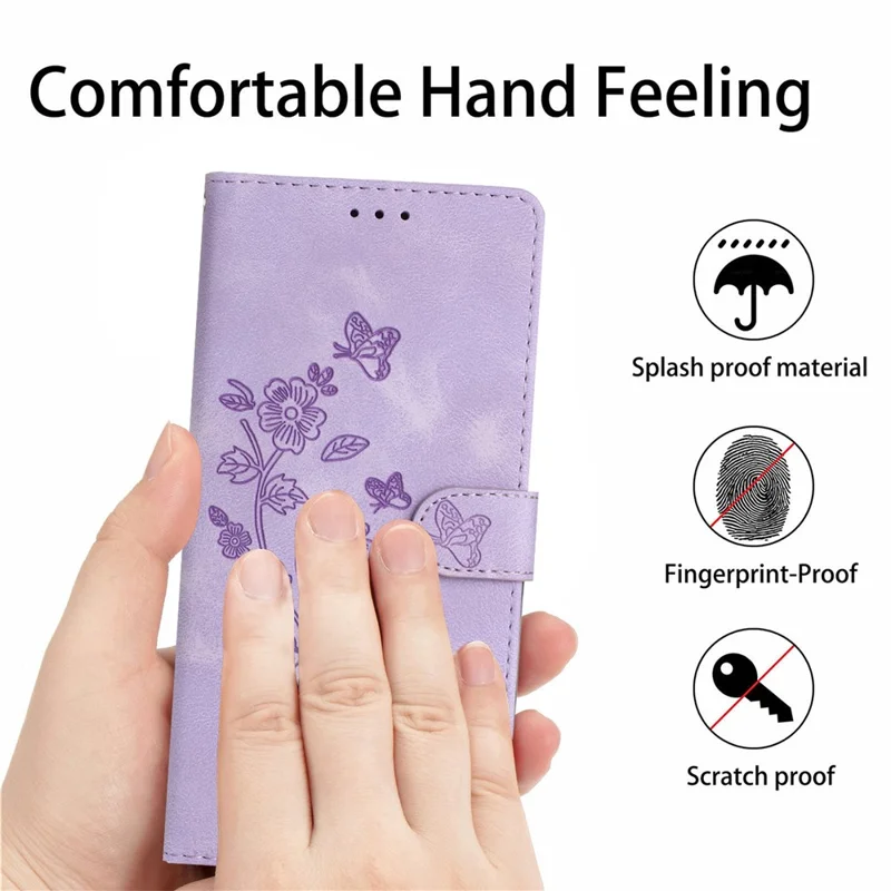 For iPhone 14 Pro Full Protection Leather Case Flower Imprint Wallet Stand Phone Cover - Purple