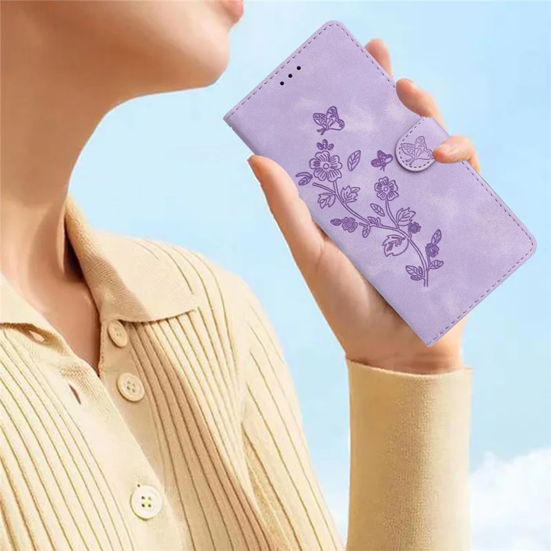 For iPhone 14 Pro Full Protection Leather Case Flower Imprint Wallet Stand Phone Cover - Purple
