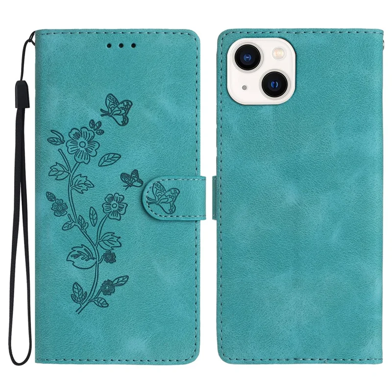 Flower Imprint Wallet Case for iPhone 14 , PU Leather + TPU Stand Phone Cover - Sky Blue