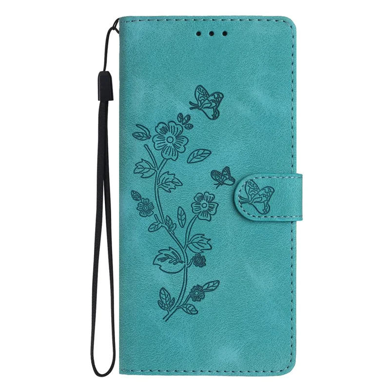 Flower Imprint Wallet Case for iPhone 14 , PU Leather + TPU Stand Phone Cover - Sky Blue