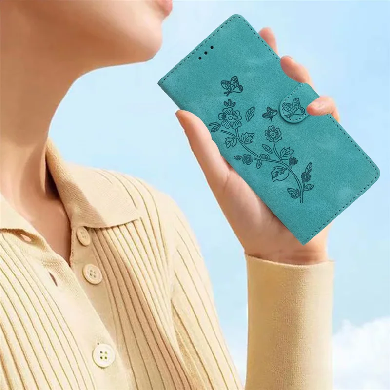 Flower Imprint Wallet Case for iPhone 14 , PU Leather + TPU Stand Phone Cover - Sky Blue