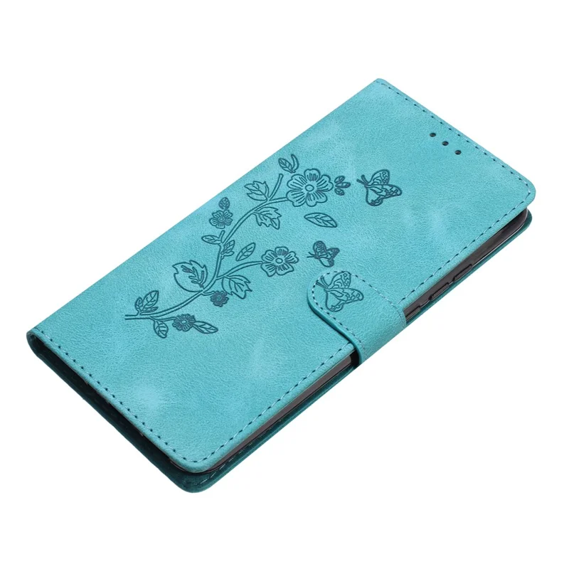 Flower Imprint Wallet Case for iPhone 14 , PU Leather + TPU Stand Phone Cover - Sky Blue