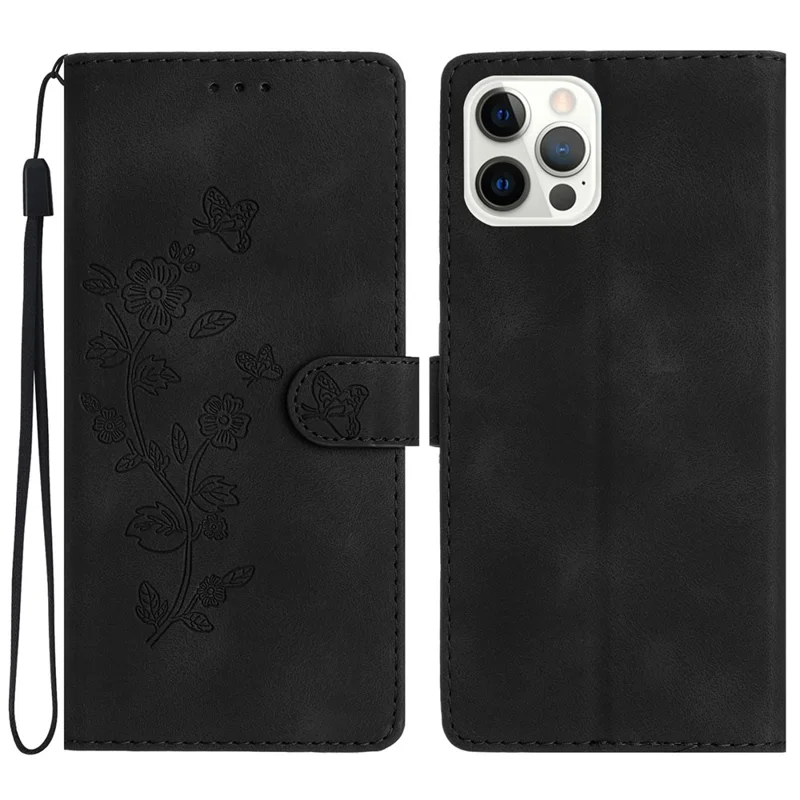Para iPhone 14 Pro Max Flower Imprint Phone Cover Capa de Carteira de Couro PU com Suporte - Preto