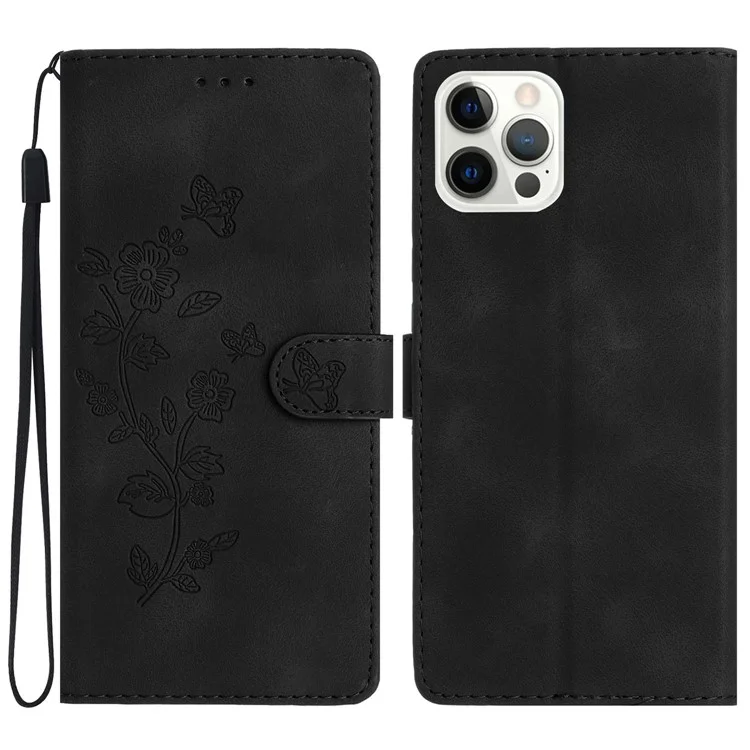 Pour iPhone 13 Pro Max 6,7 pouces Fleur Imprimer Protection Shell Leather Wallet Stand Phone Case - Noir